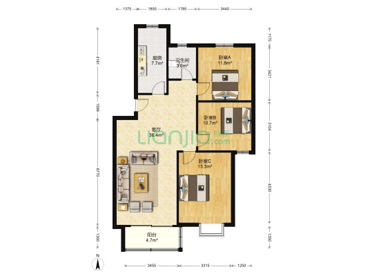 花神美境 3室1厅1卫 107平方