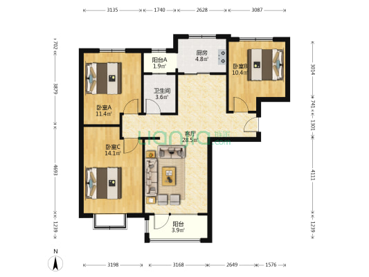 华融现代城南北通透三居，采光好，视野好，小区环境好-户型图