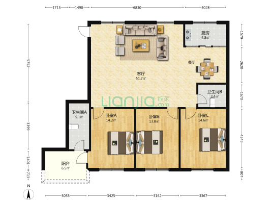 环球广场(福清市) 3室1厅2卫 145平方