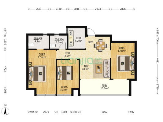 置地天玺二期 3室1厅2卫 113平方