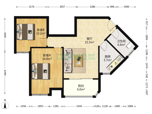 恒大华府 2室1厅1卫 84平方