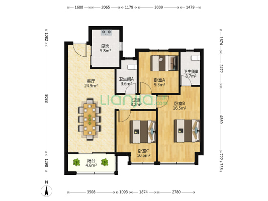 龙光玖宸佳苑 3室1厅2卫 104平方