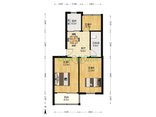南环西路26号 3室1厅1卫 61平方
