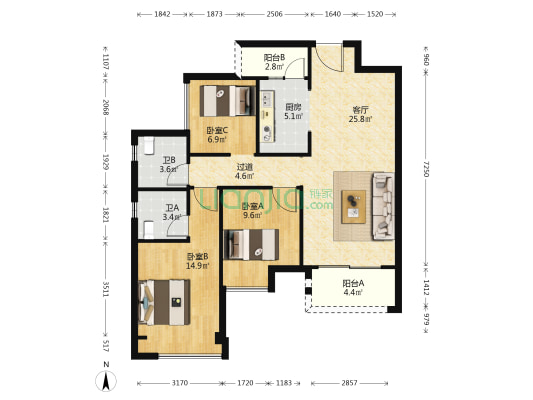 绿地万萃城C组团 3室1厅2卫 104平方