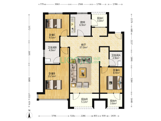 富力院士廷 3室1厅2卫 129平方