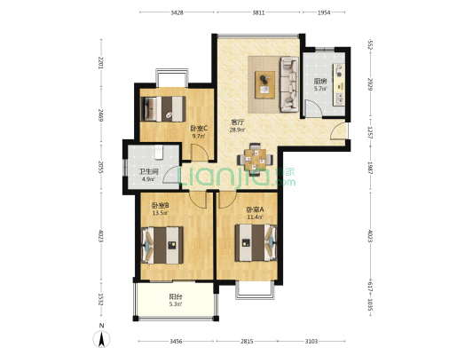 君临名都 3室1厅1卫 98平方