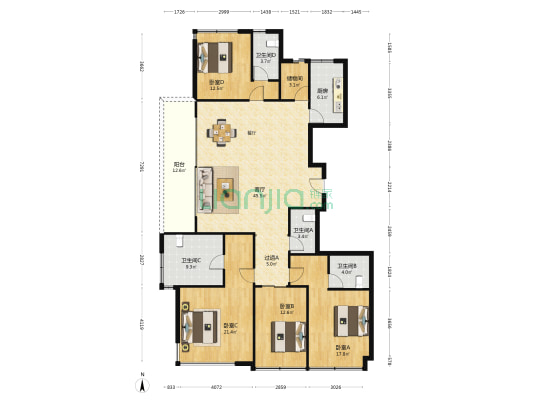 仁滨公寓 4室1厅4卫 189平方