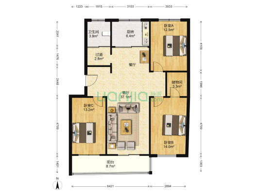 阳光温泉花园南区 3室1厅1卫 131平方