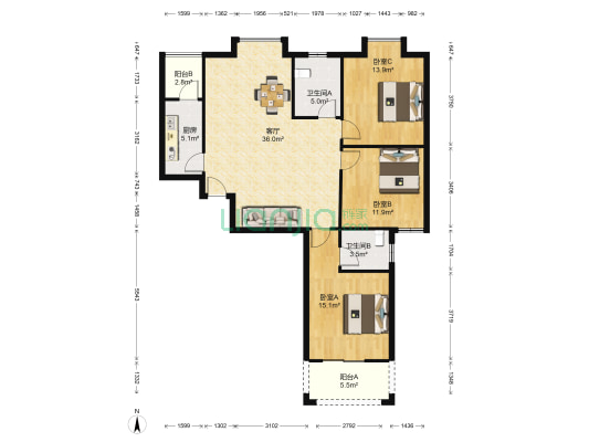 顺美家园 3室1厅2卫 128平方