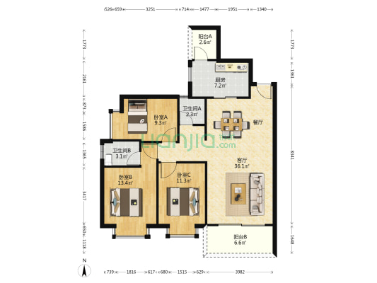 汇悦华府 3室1厅2卫 122平方