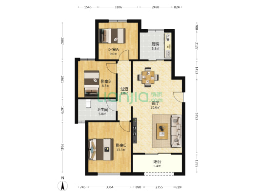 天诚蔷薇公馆 3室1厅1卫 108平方