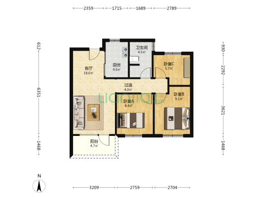 海岸万科城探梅里 3室1厅1卫 88平方