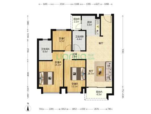 龙湖春江紫宸 3室1厅2卫 97平方
