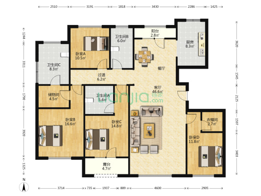 高新绿城玉兰花园留园 4室1厅3卫 186平方