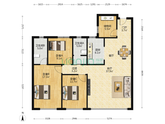 保利·锦上 3室1厅2卫 126平方
