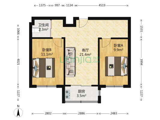 鑫海华府 2室1厅1卫 64平方
