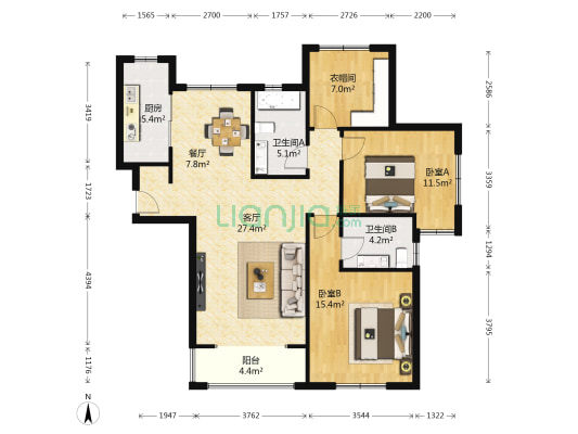 中海寰宇天下D区 2室2厅2卫 173平方
