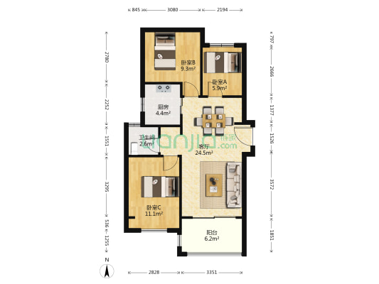 中海万锦熙岸 3室1厅1卫 89平方