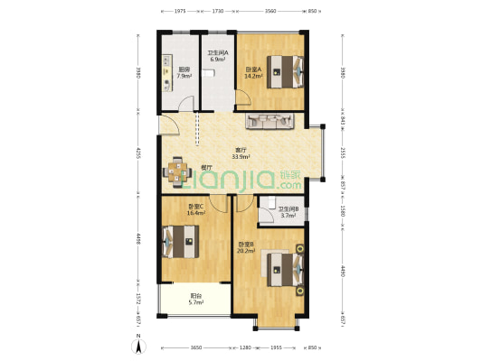 华夏东城一品 3室1厅2卫 120平方