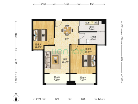 蓝天学府 2室1厅1卫 93平方