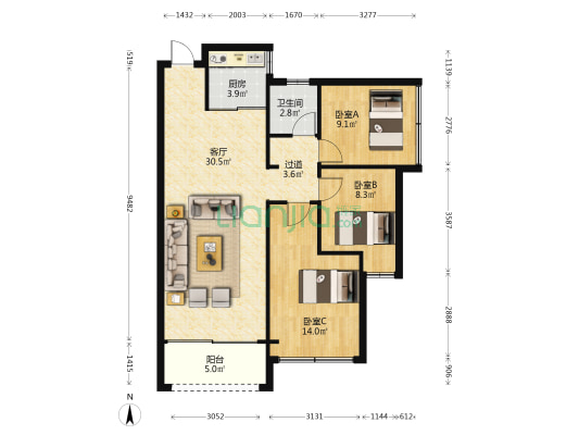 格兰丽锦雅苑 3室1厅1卫 96平方