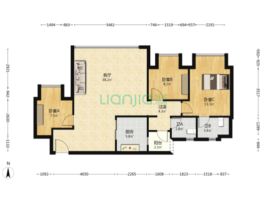 中诚两江印一期 3室1厅2卫 96平方