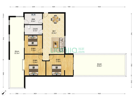 丽都苑 3室1厅1卫 100平方