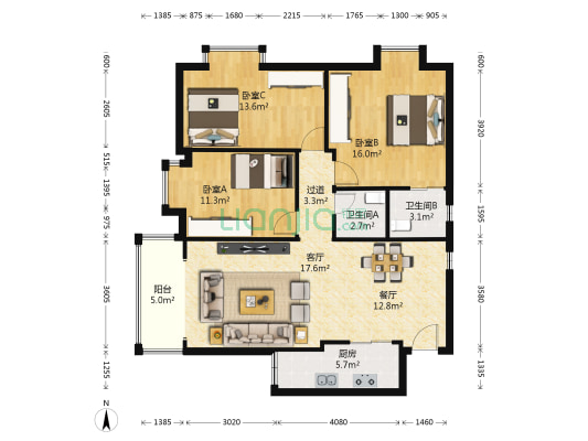 中珠豪庭 3室2厅2卫 108平方