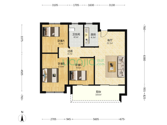 同信世博院r四期江上桃源 3室1厅1卫 95平方