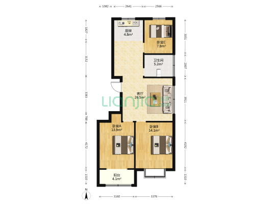 辰隆阳光城 3室1厅1卫 104平方
