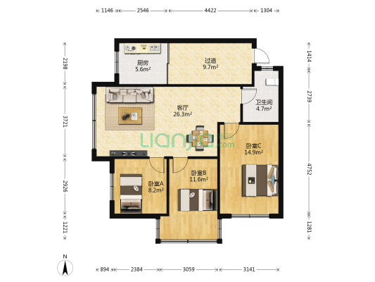 健康路6号 3室1厅1卫 98平方