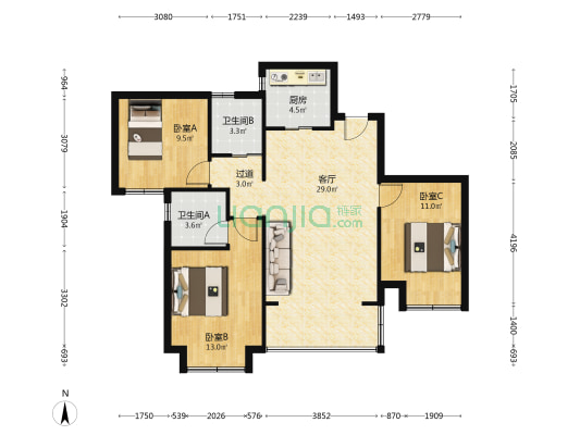 源昌幸福里 3室1厅2卫 96平方