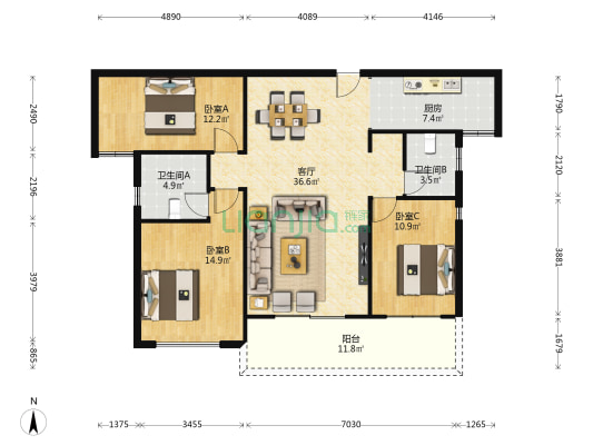 湘林熙水豪庭 3室1厅2卫 128平方