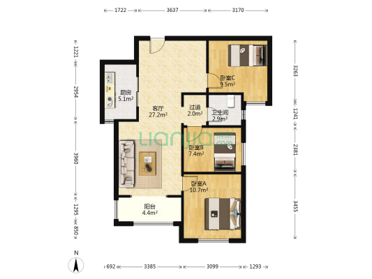 金地铂悦 3室1厅1卫 93平方