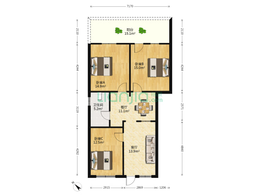 海口电视台宿舍 3室2厅1卫 80平方