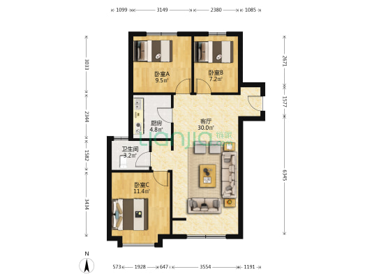 .南北通透全明三居室 2.无遮挡.采光视野好-户型图