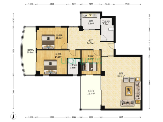 商检宿舍 3室2厅2卫 144平方