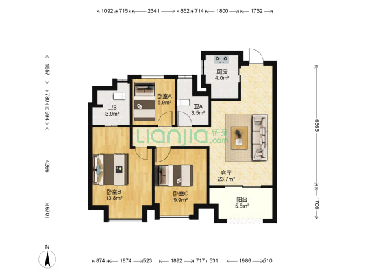 瓯江国际新城瓯澜苑 3室1厅2卫 89平方