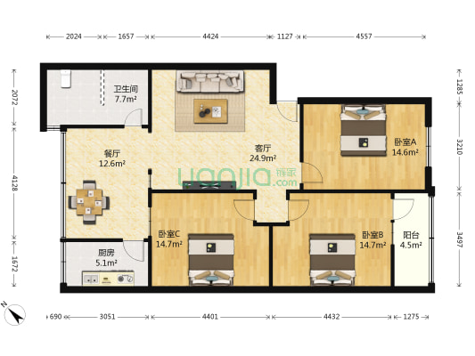 二棉厂宿舍 3室2厅1卫 110平方