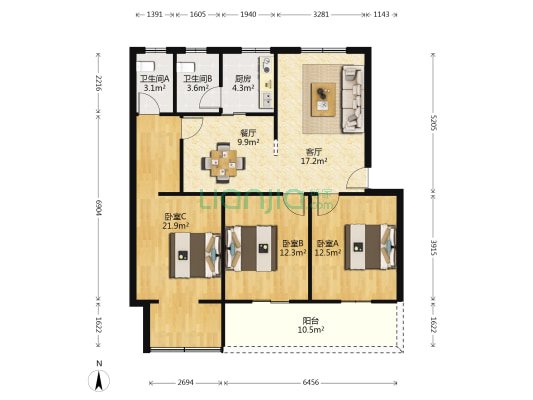 中国工商银行广西分行营业部思贤路绿塘里宿舍 3室2厅2卫 102平方