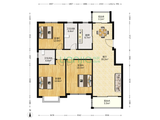 隆都旺角 3室1厅2卫 132平方
