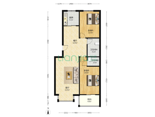 华泰豪庭 2室2厅 南 北-户型图