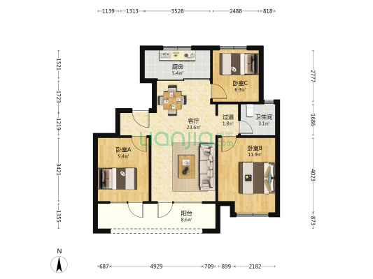 顺城万科海潮云起二期 3室1厅1卫 92平方