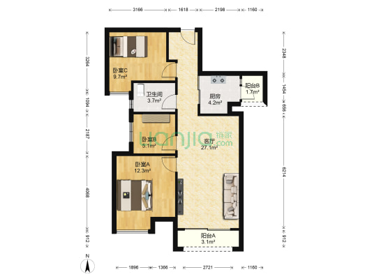 中海万锦熙岸 3室1厅1卫 87平方