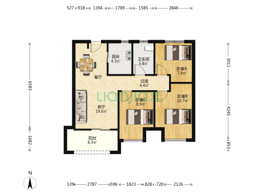 中海如园 3室1厅1卫 88平方