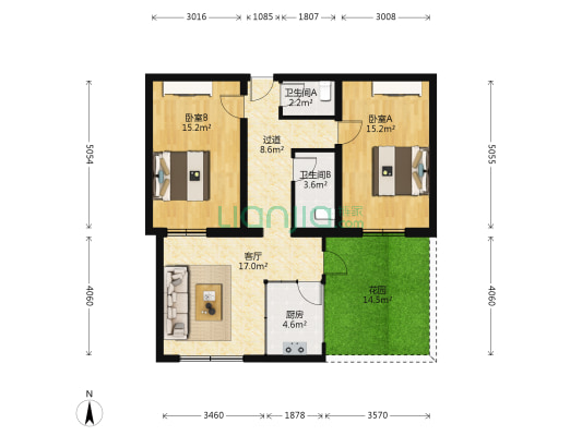 商业宿舍楼 2室1厅2卫 59平方
