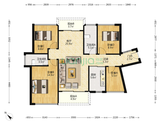 谊泰豪苑 4室1厅2卫 105平方