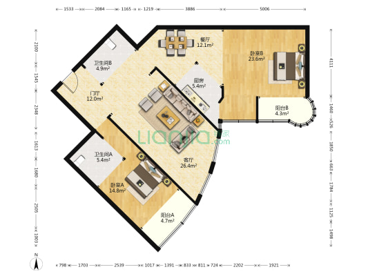 罗马花园 2室2厅2卫 152平方