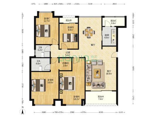 桃花源一期 4室1厅2卫 144平方