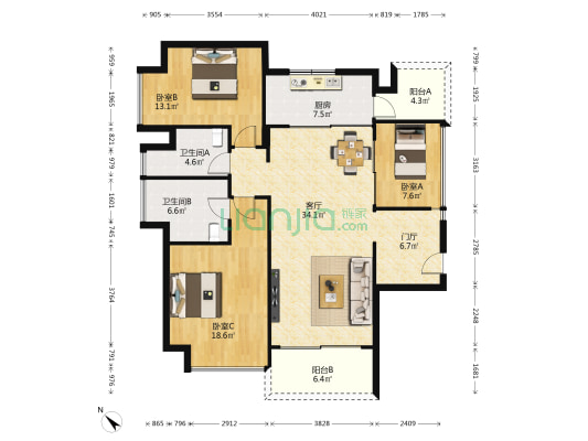 半岛城邦花园四期 3室1厅2卫 135平方